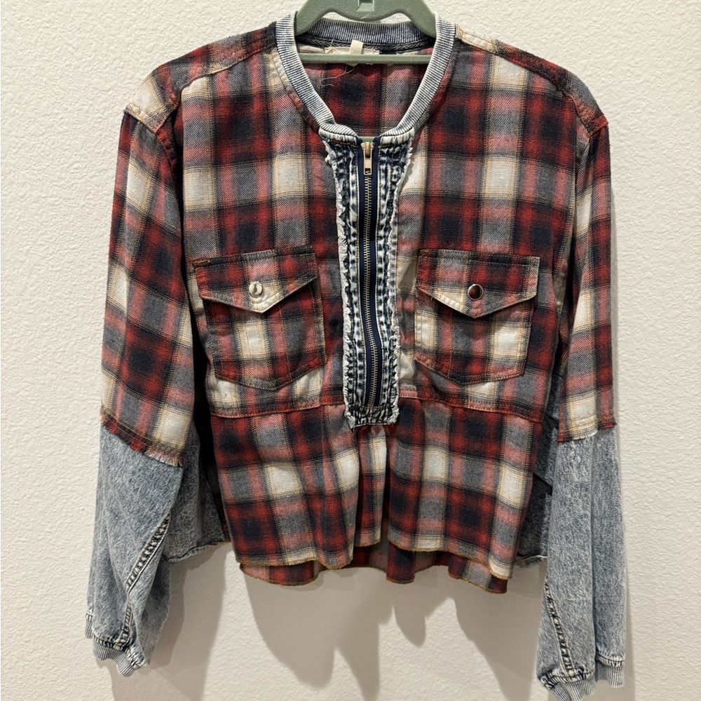 Plaid and denim zip front top
